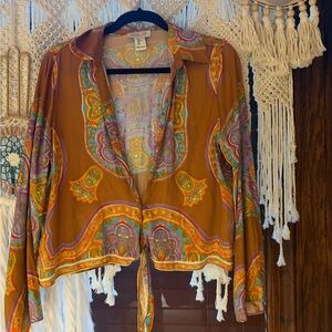 Rachel Zoe Multicolor Paisley Blouse boho button open tie front sz large